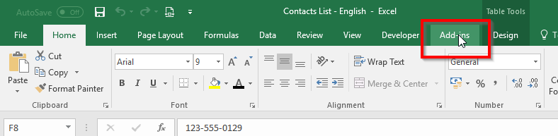 Pestaña Add-ins en Microsoft Excel